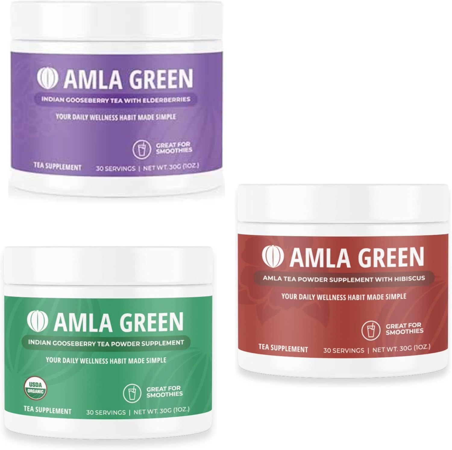 Organic Amla Green Tea Superfood Supplement with Elderberry & Hibiscus - Vegan, 30 Servings