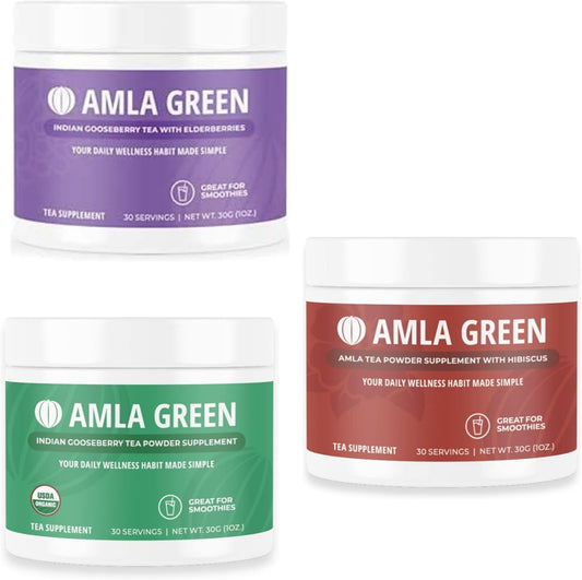 Organic Amla Green Tea Superfood Supplement with Elderberry & Hibiscus - Vegan, 30 Servings