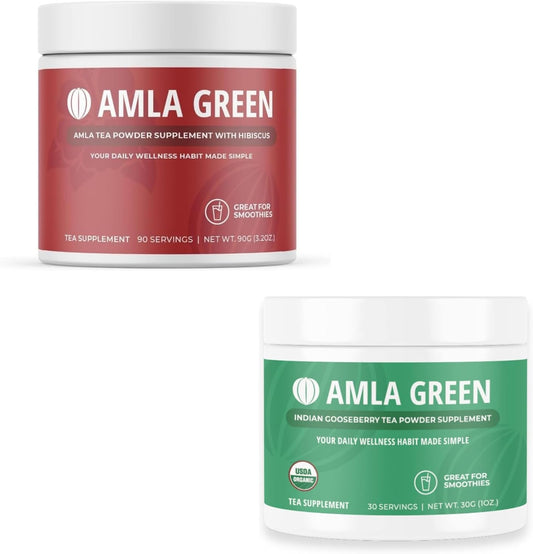 Organic Amla Green Tea Superfood Supplement with Hibiscus, Antioxidant Support (90 Servings) - Vegan, Made with Indian Gooseberries