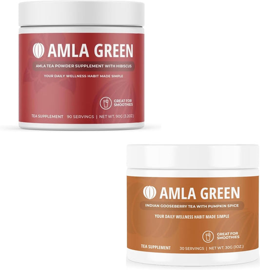 Organic Amla Green Tea Superfood Supplement with Hibiscus & Pumpkin Spice, Antioxidant Support (90 Servings) - Vegan