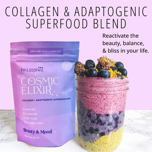 Organic and Unsweetened Philosophie Cosmic Elixir Superfood Blend with Collagen and Adaptogens - 32 Servings for Gut, Emotional, Joint, Skin, and Hormone Health