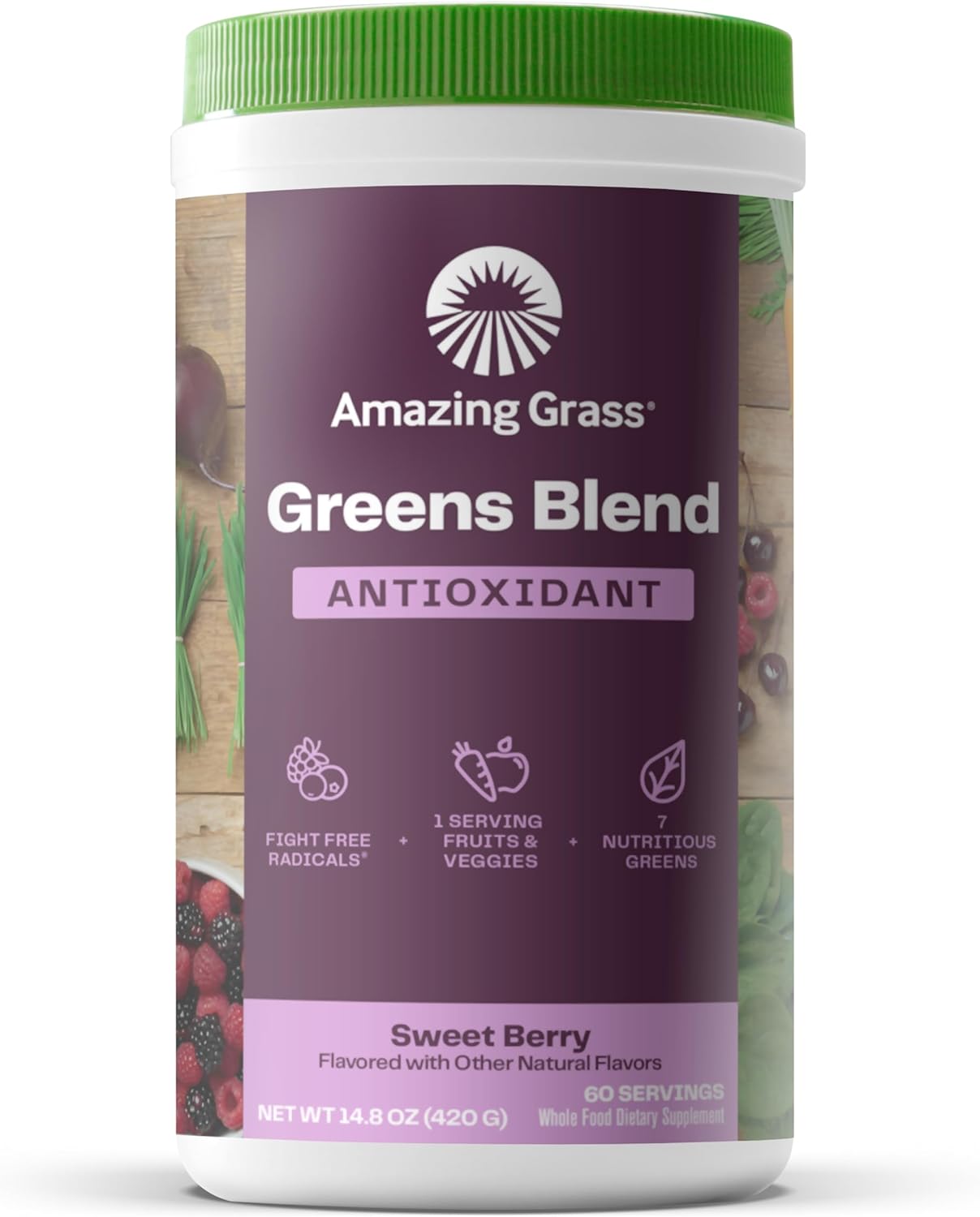 Organic Antioxidant Greens Superfood Powder with Spirulina, Beet Root, Elderberry & Probiotics - Sweet Berry Flavor, 60 Servings
