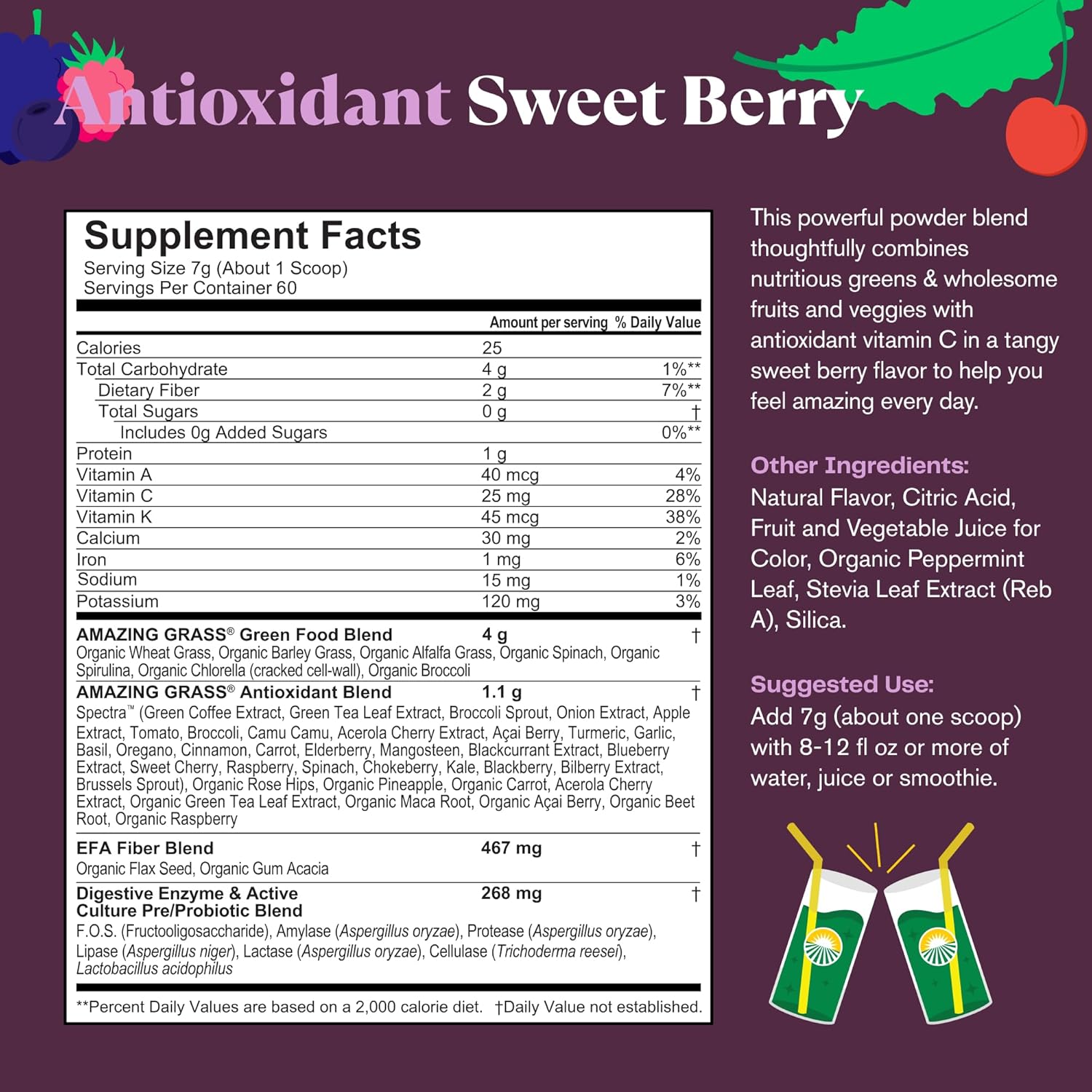 Organic Antioxidant Greens Superfood Powder with Spirulina, Beet Root, Elderberry & Probiotics - Sweet Berry Flavor, 60 Servings
