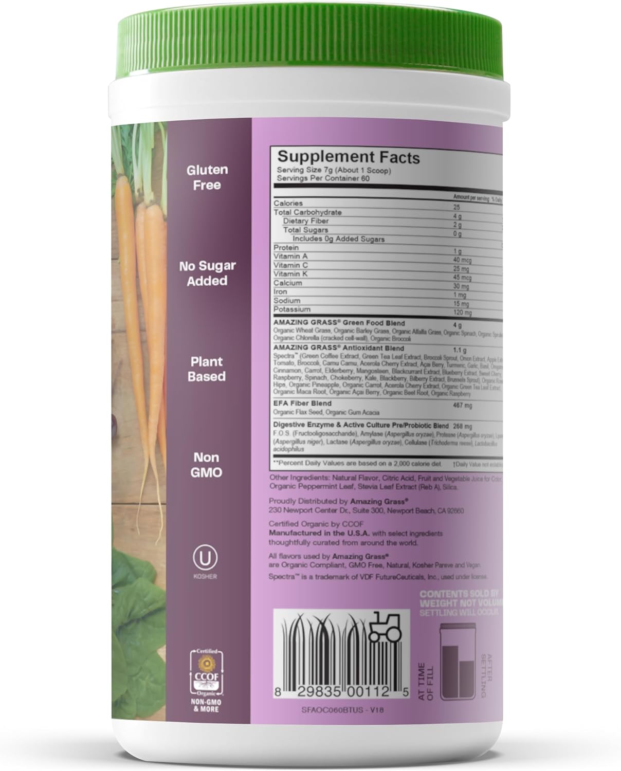 Organic Antioxidant Greens Superfood Powder with Spirulina, Beet Root, Elderberry & Probiotics - Sweet Berry Flavor, 60 Servings