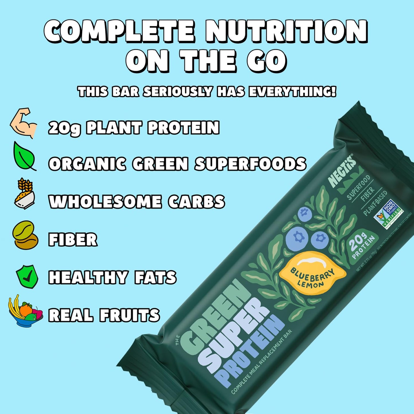 Organic Apple Cinnamon Protein Bars with Plant Protein and Greens - Vegan, Non-GMO (8 Pack, 20g Protein)