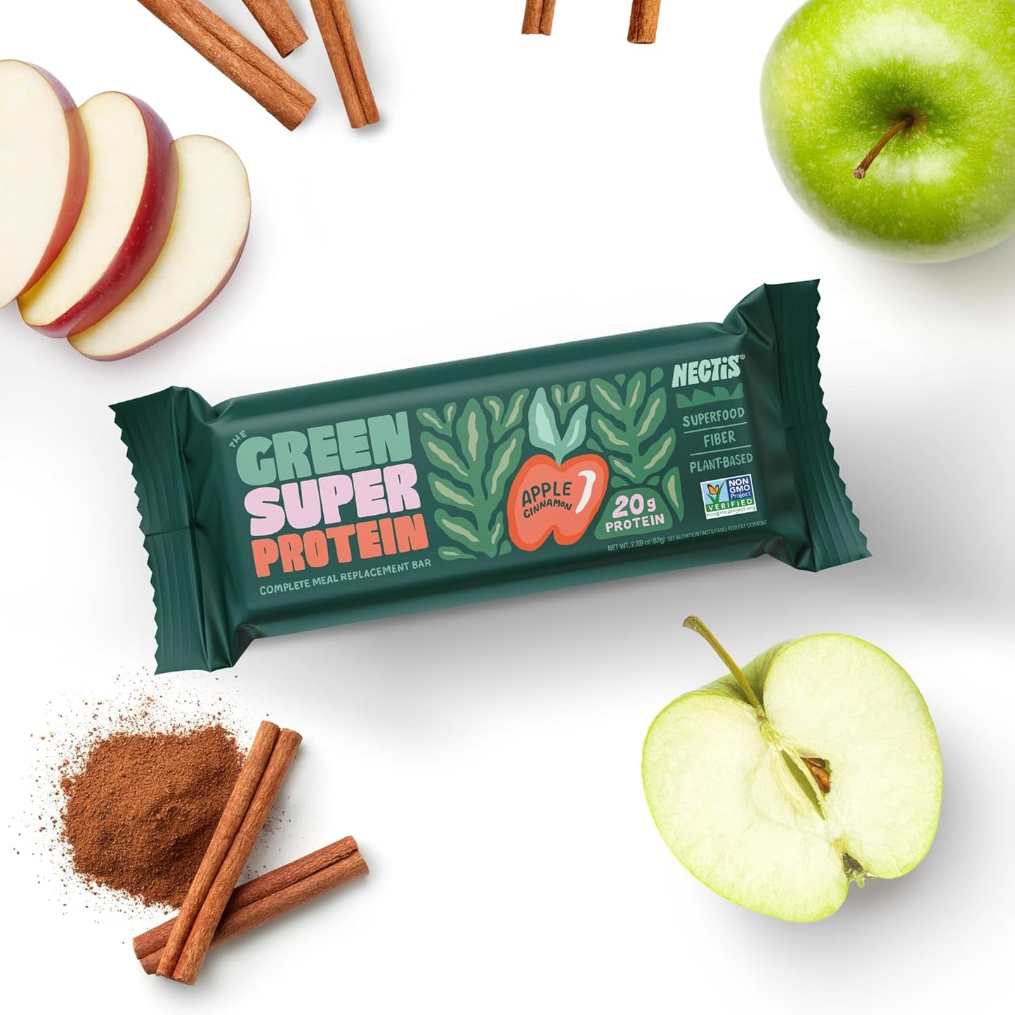 Organic Apple Cinnamon Protein Bars with Plant Protein and Greens - Vegan, Non-GMO (8 Pack, 20g Protein)