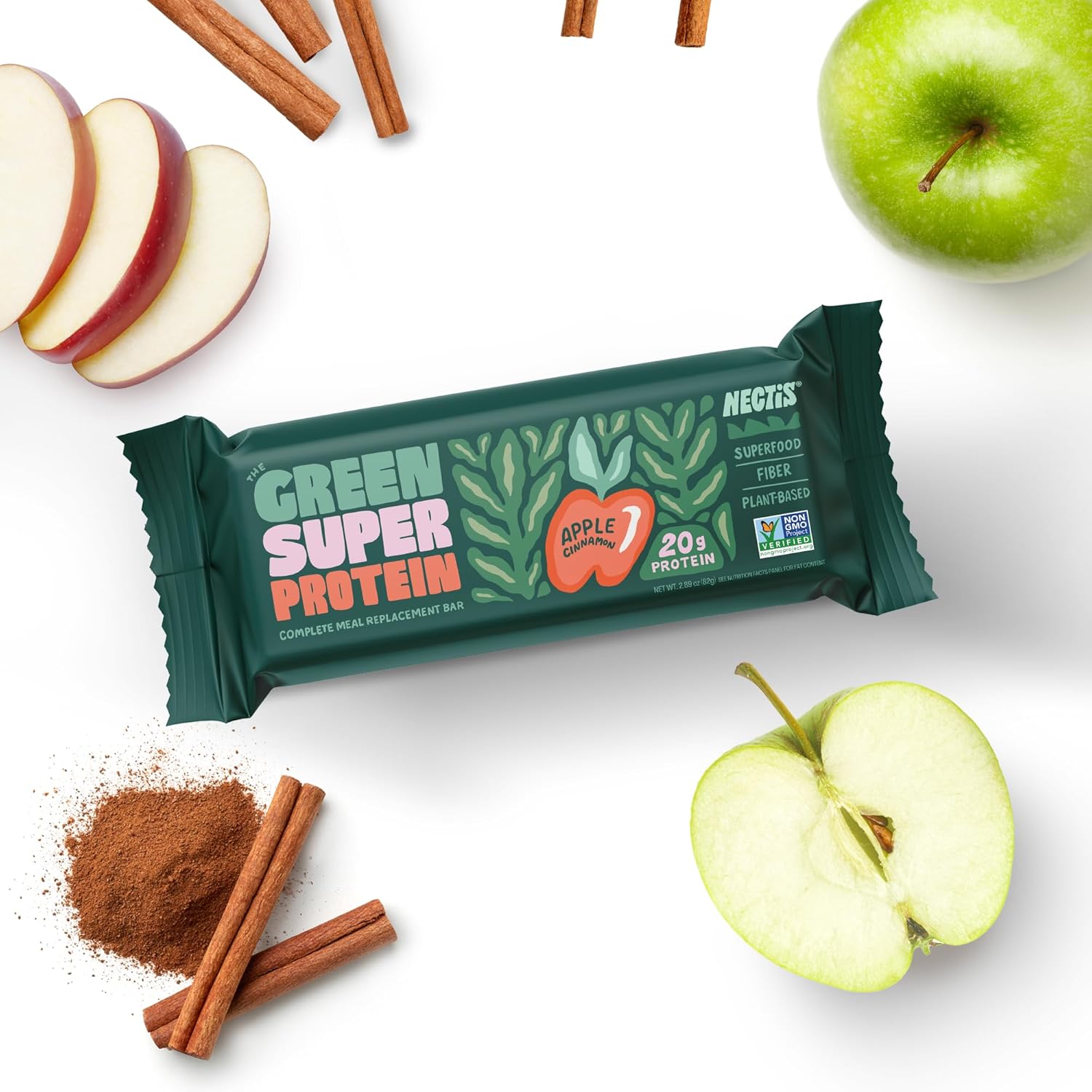 Organic Apple Cinnamon Protein Bars with Plant Protein and Greens - Vegan, Non-GMO (8 Pack, 20g Protein)