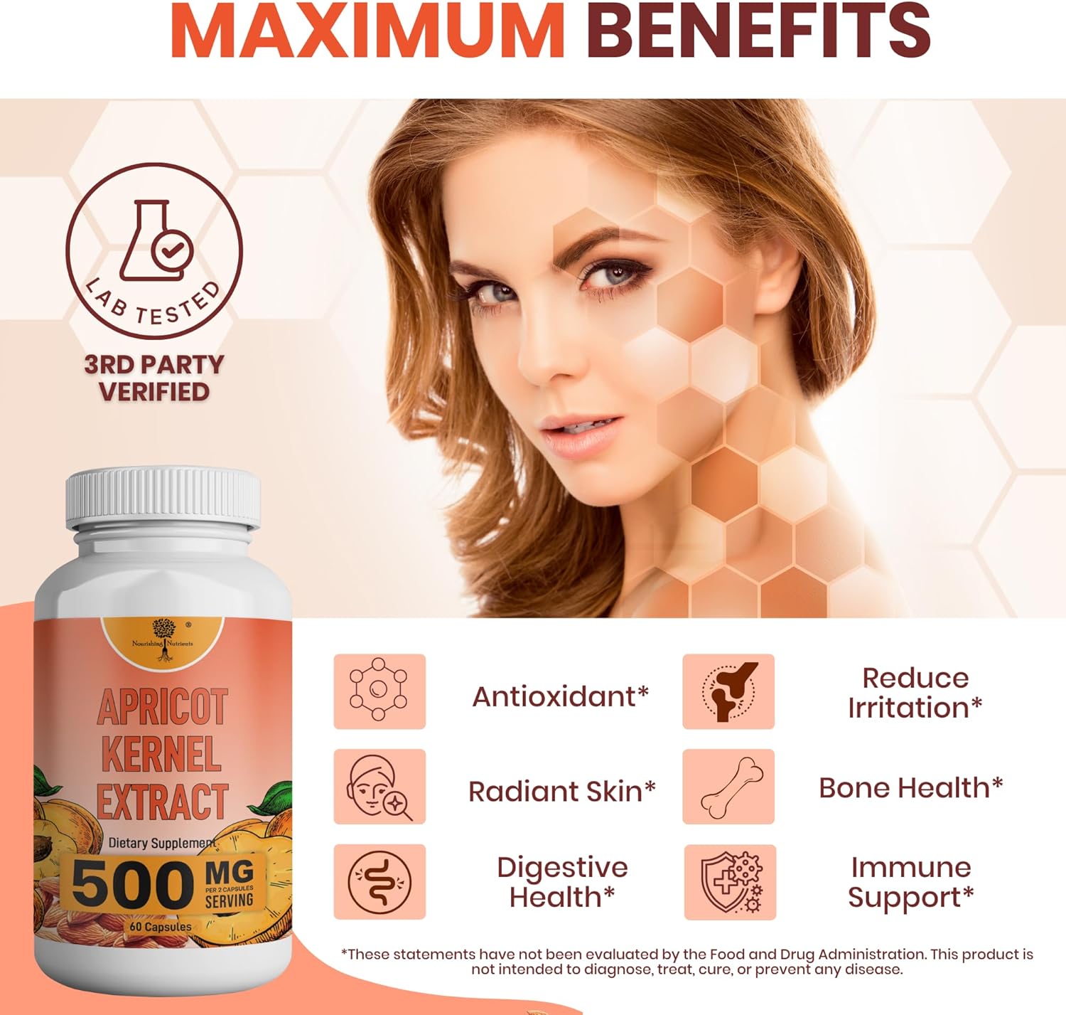 Organic Apricot Seed Extract Capsules - 500mg Antioxidant Supplement for Joint, Gut, Heart Health & Skin - High Fiber Bone Density Support - 60 Capsules