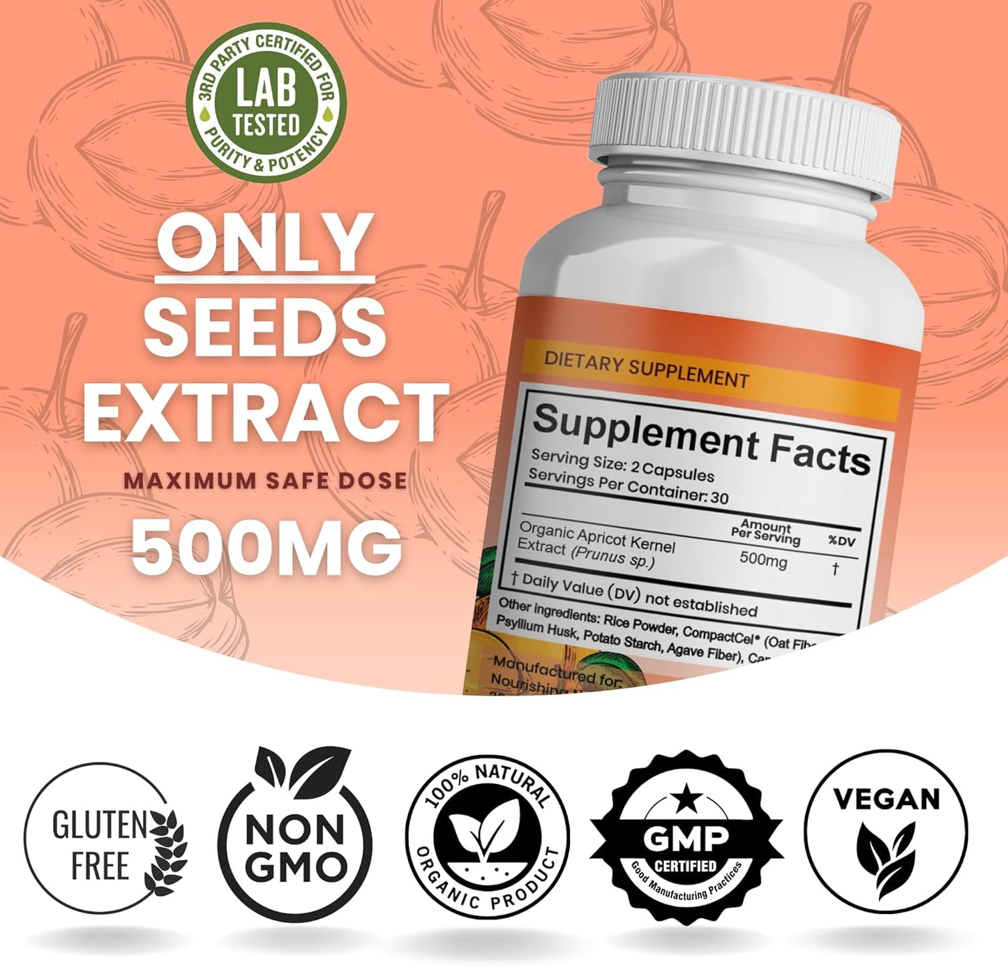 Organic Apricot Seed Extract Capsules - 500mg Antioxidant Supplement for Joint, Gut, Heart Health & Skin - High Fiber Bone Density Support - 60 Capsules
