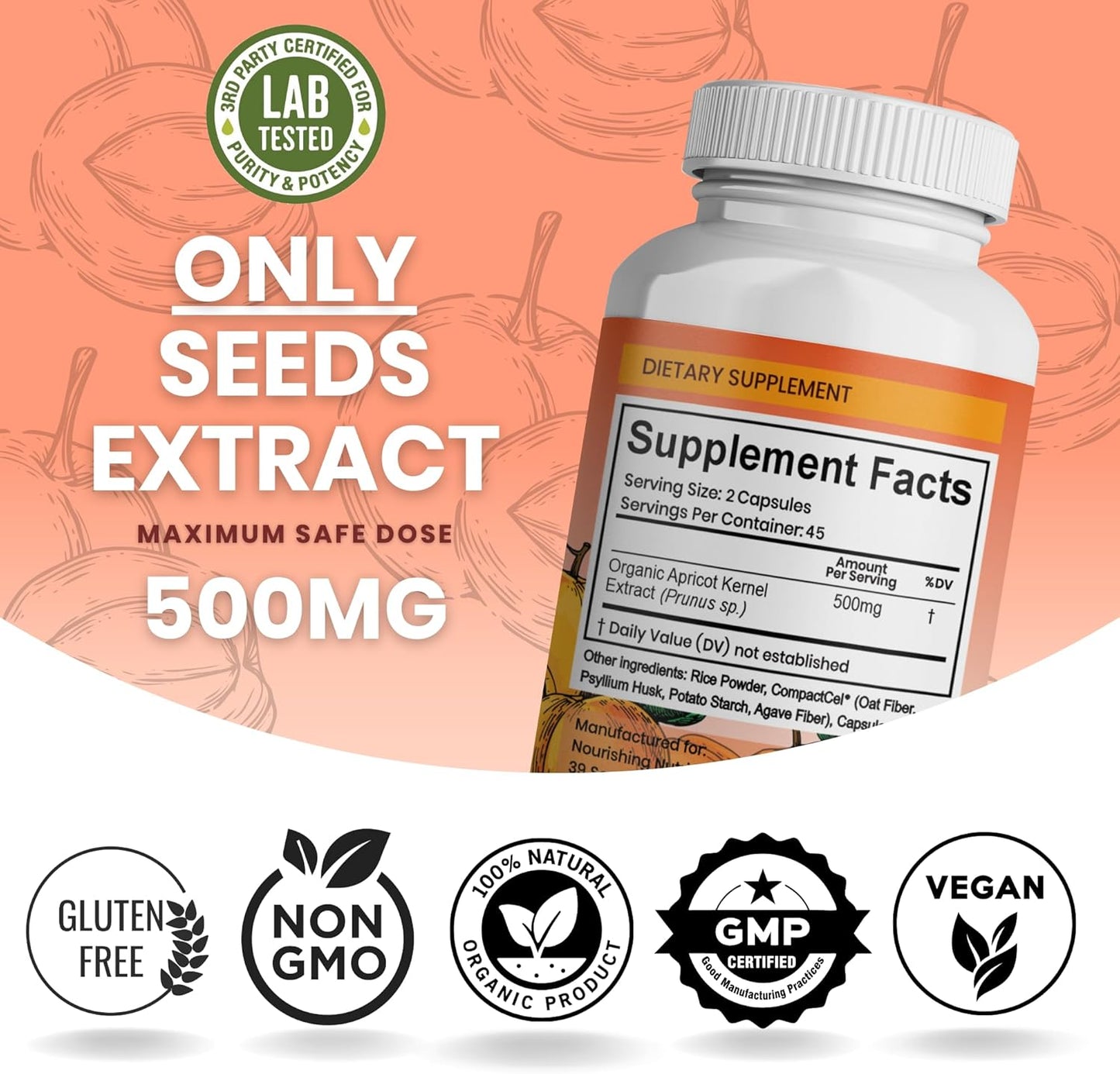 Organic Apricot Seed Extract Capsules - Antioxidant, Joint, Gut, Heart & Bone Health - 90 Capsules, 500mg per Dose