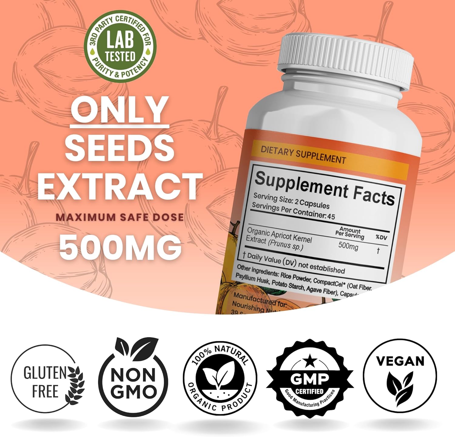Organic Apricot Seed Extract Capsules - Antioxidant, Joint, Gut, Heart & Bone Health - 90 Capsules, 500mg per Dose