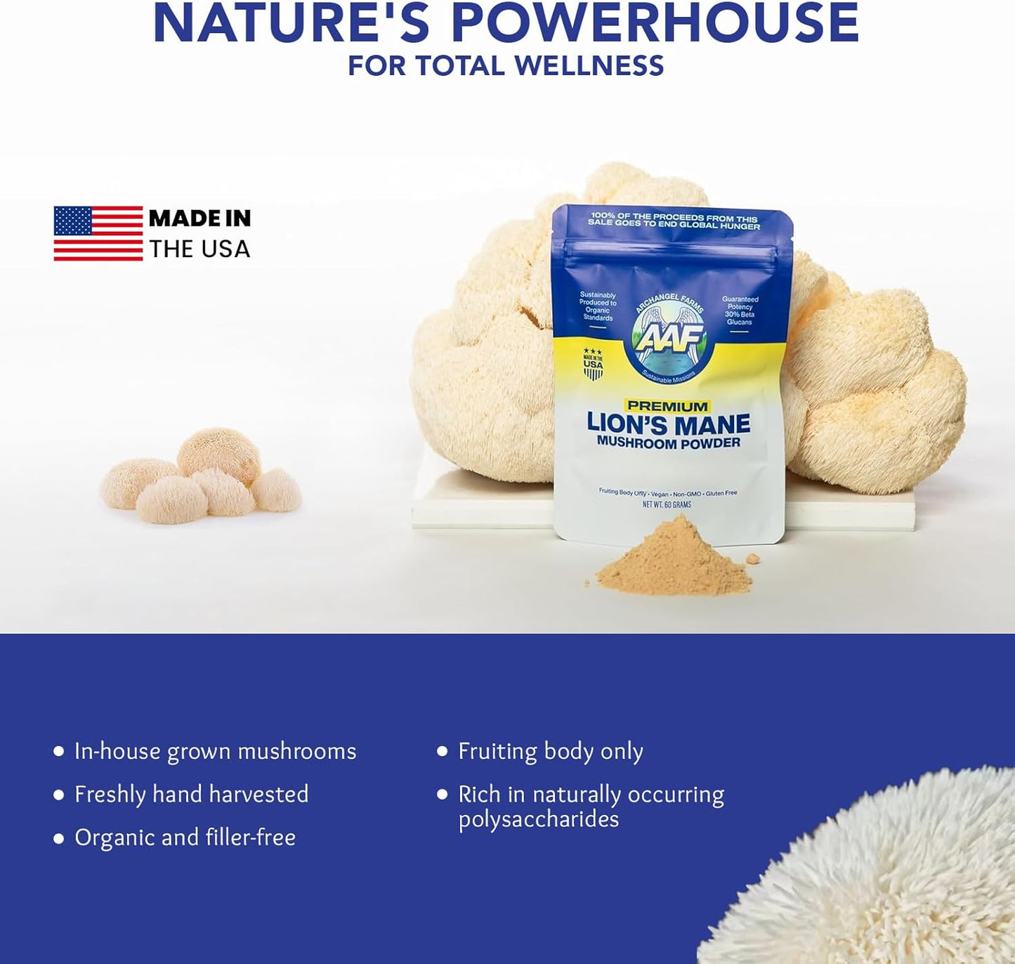 Organic ArchAngel Farms Lion's Mane Mushroom Powder for Memory, Focus, Immune Support - 60g, Non-GMO Supplement with Beta-Glucan for Digestion - 60-Day Supply