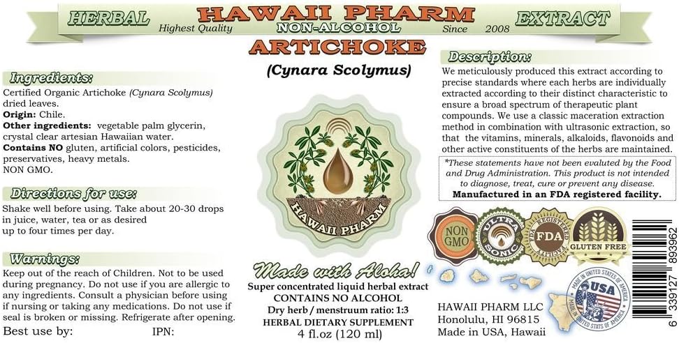 Organic Artichoke Alcohol-Free Liquid Extract - 64 oz - Natural Herbal Supplement by Hawaii Pharm