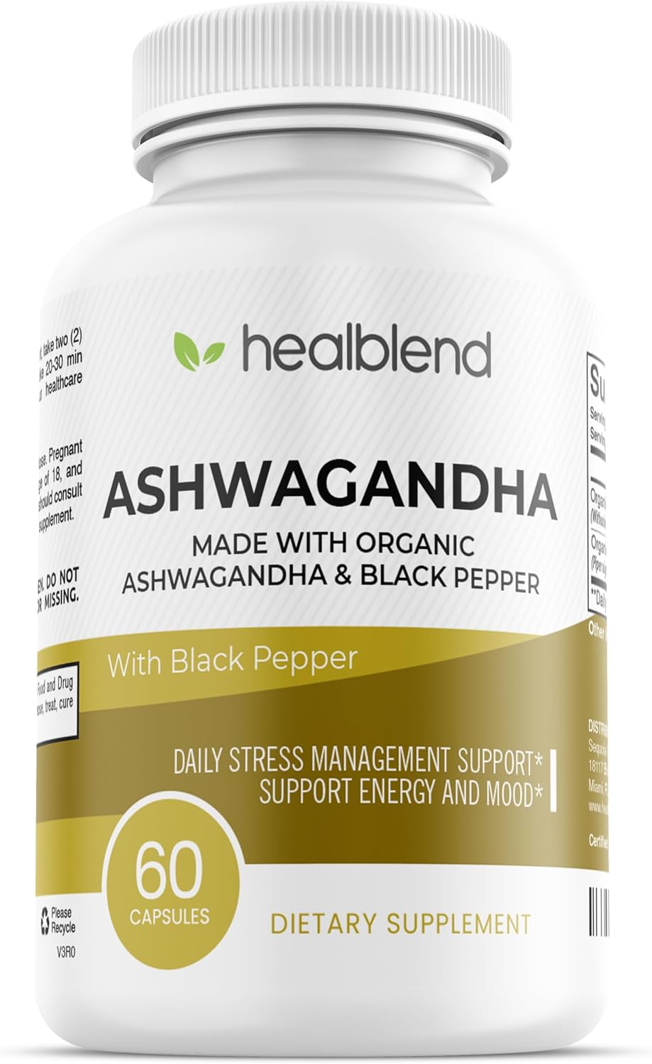 Organic Ashwagandha 1300mg Capsules with Black Pepper Extract for Mood & Energy Support - 60 Count