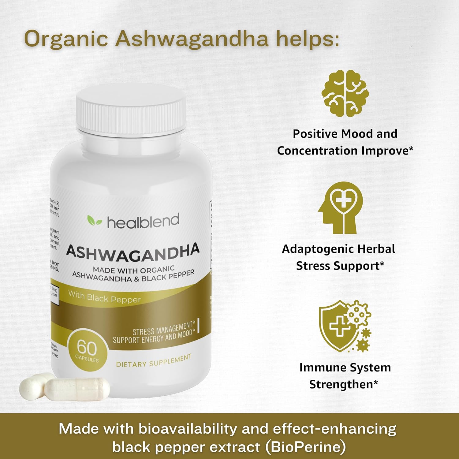 Organic Ashwagandha 1300mg Capsules with Black Pepper Extract for Mood & Energy Support - 60 Count