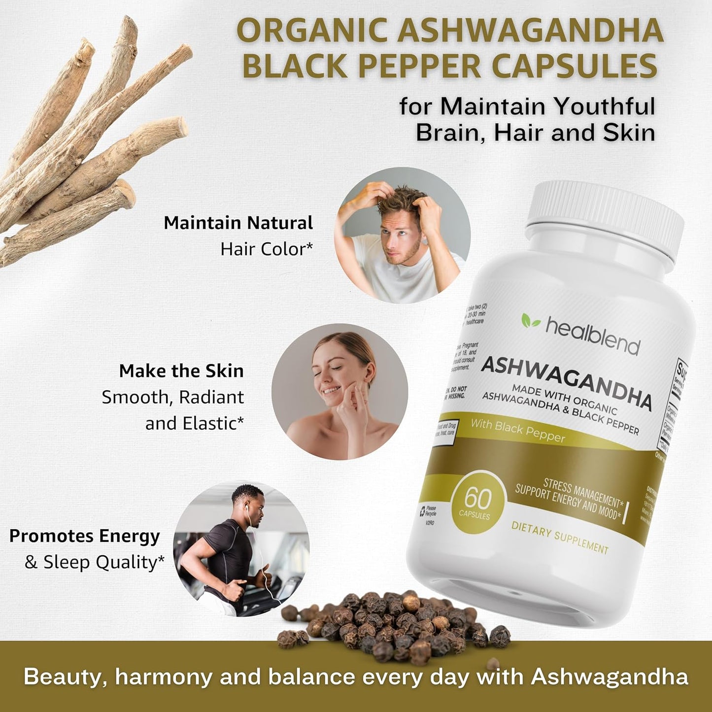 Organic Ashwagandha 1300mg Capsules with Black Pepper Extract for Mood & Energy Support - 60 Count