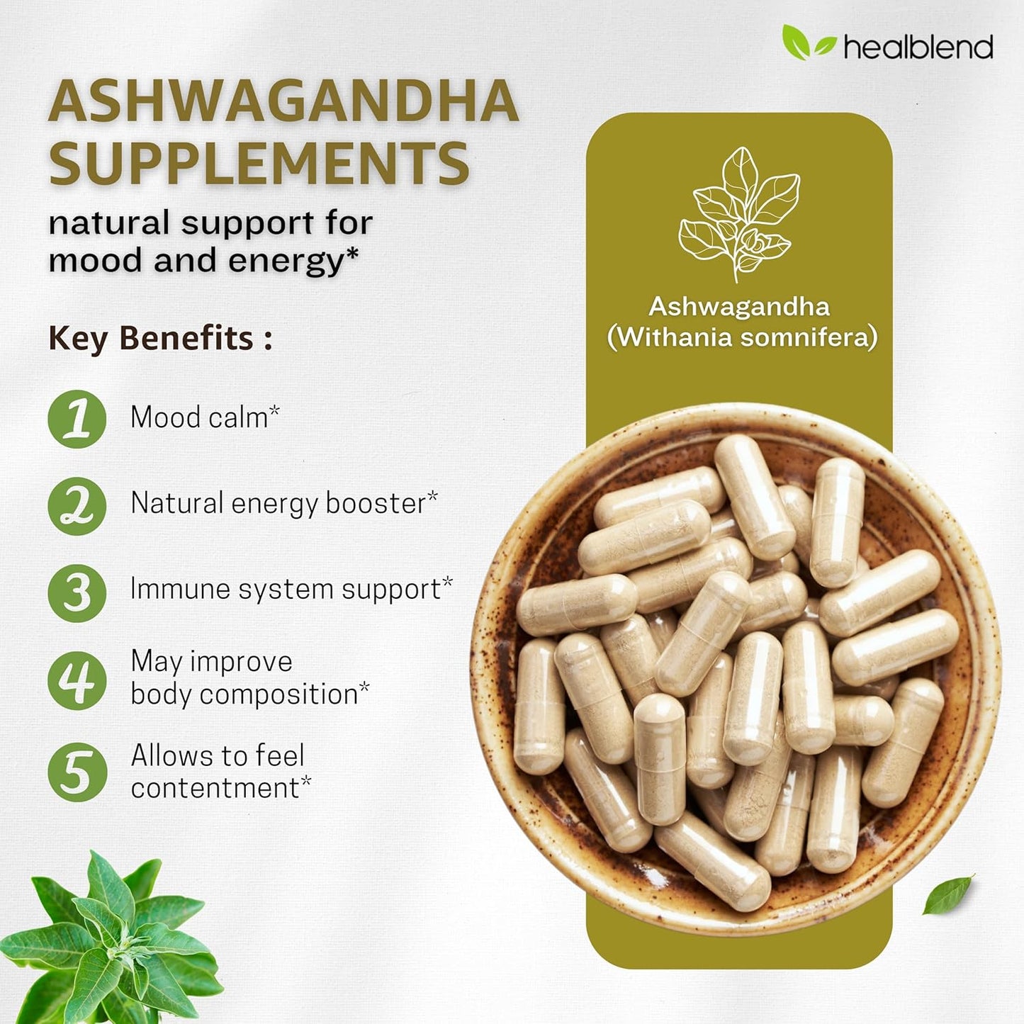 Organic Ashwagandha 1300mg Capsules with Black Pepper Extract for Mood & Energy Support - 60 Count