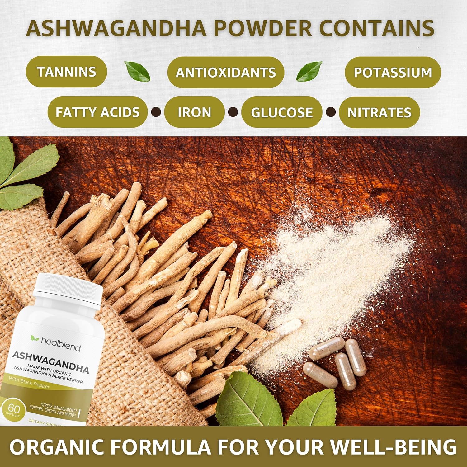 Organic Ashwagandha 1300mg Capsules with Black Pepper Extract for Mood & Energy Support - 60 Count