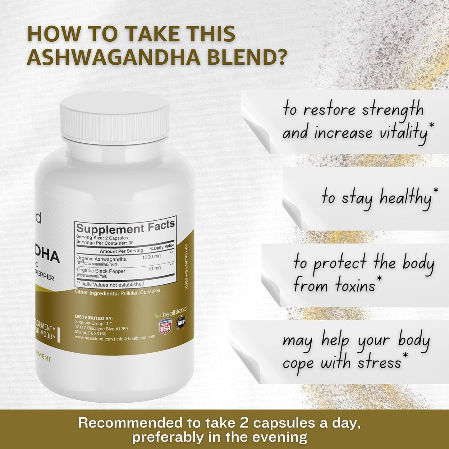 Organic Ashwagandha 1300mg Capsules with Black Pepper Extract for Mood & Energy Support - 60 Count