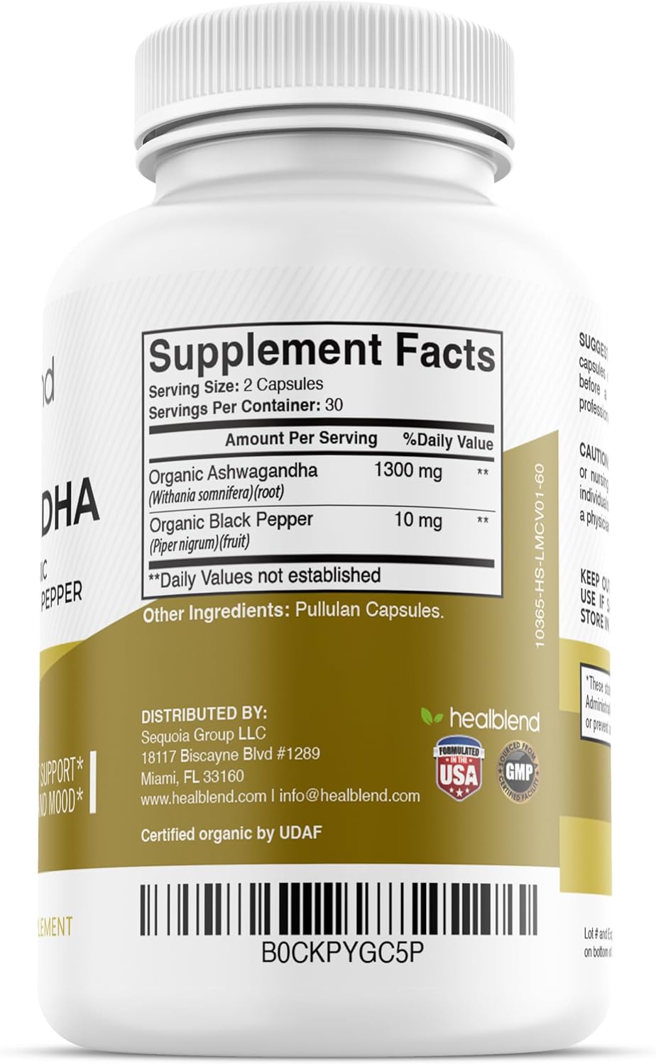 Organic Ashwagandha 1300mg Capsules with Black Pepper Extract for Mood & Energy Support - 60 Count