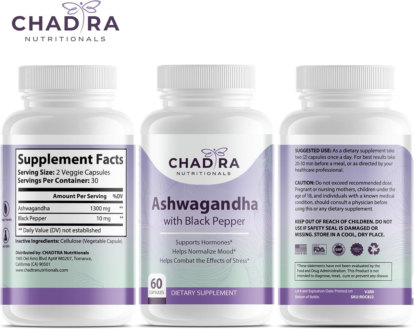 Organic Ashwagandha & Black Pepper Capsules for Stress, Cognitive Support & Mood - Non-GMO & Gluten-Free - 60 Count