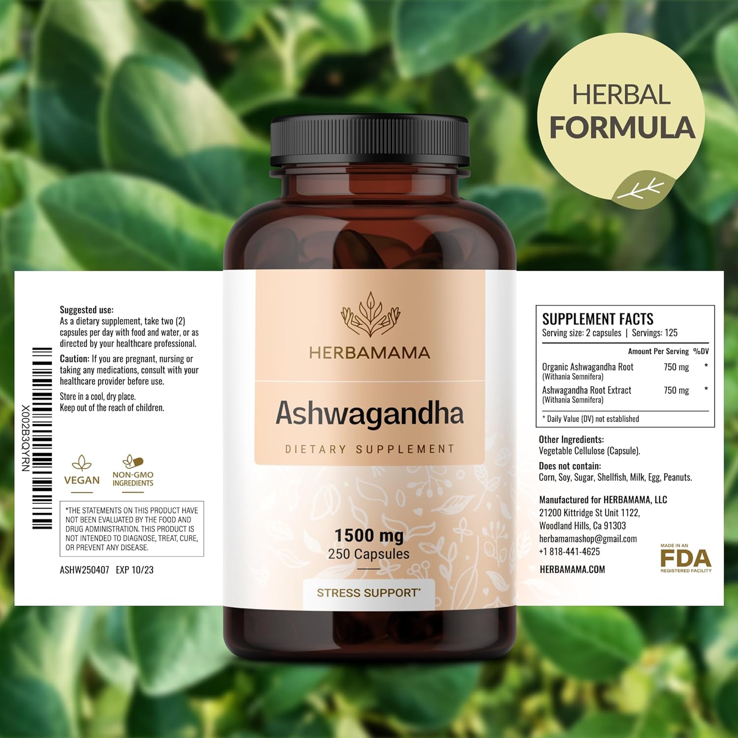 Organic Ashwagandha Capsules - 1500mg Pure Root Extract for Relaxation & Mood Support - Vegan & Non-GMO Supplement, 250 Capsules