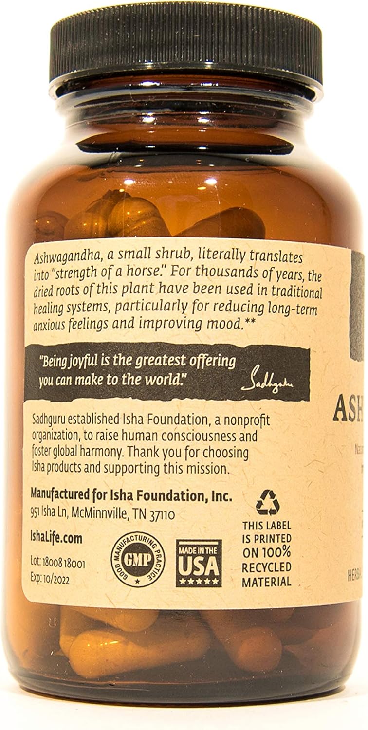 Organic Ashwagandha Capsules - 500mg Herbal Supplement (90 Vegetarian Capsules) by ISHA