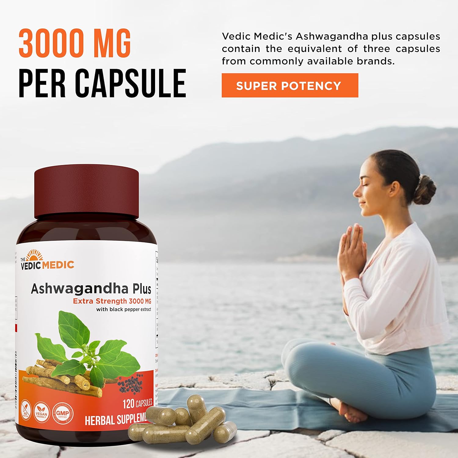 Organic Ashwagandha Capsules 3000mg with Black Pepper Extract - Stress Relief, Mood Enhancer, Energy Support - Non-GMO, Vegan, Gluten Free - 120 Count