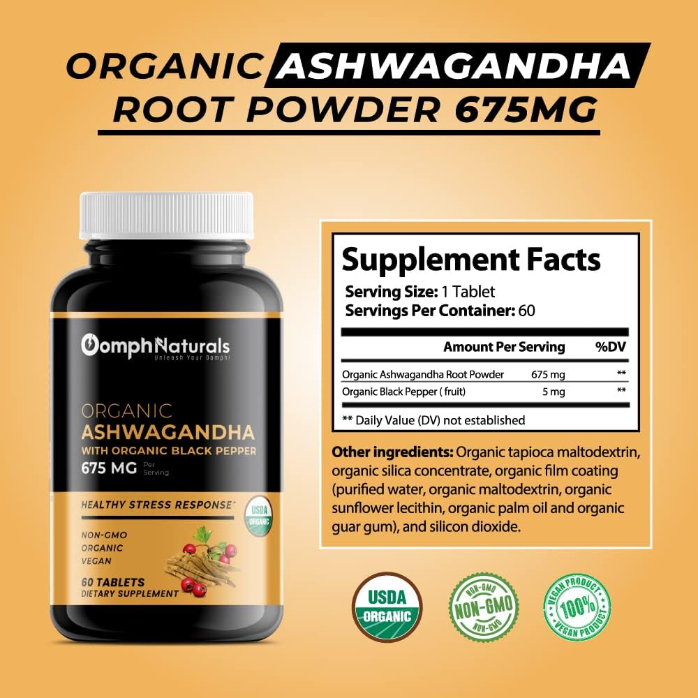 Organic Ashwagandha Capsules 675mg - 60 Vegan Capsules, Pure Powder & Root Extract by Oomph Naturals
