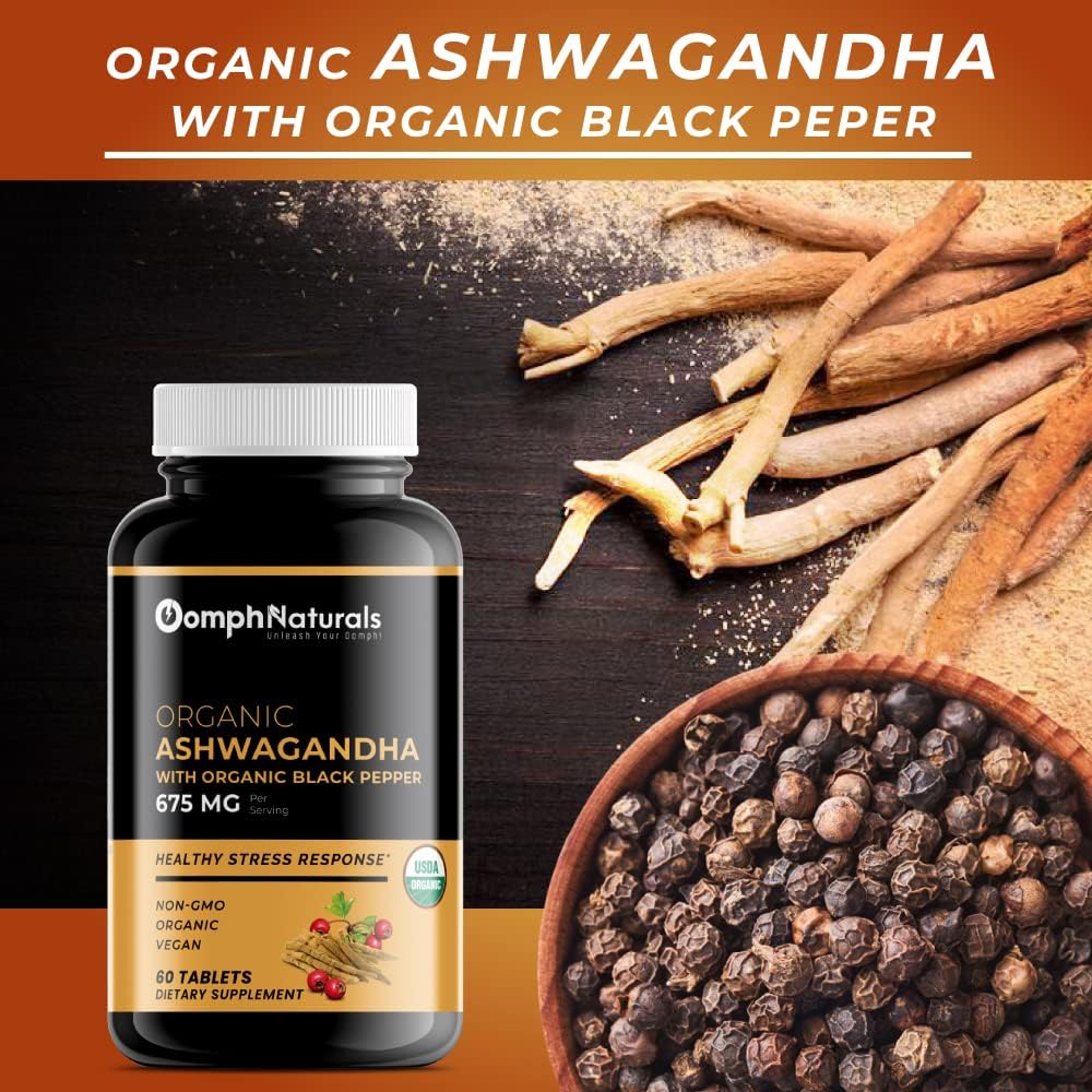 Organic Ashwagandha Capsules 675mg - 60 Vegan Capsules, Pure Powder & Root Extract by Oomph Naturals