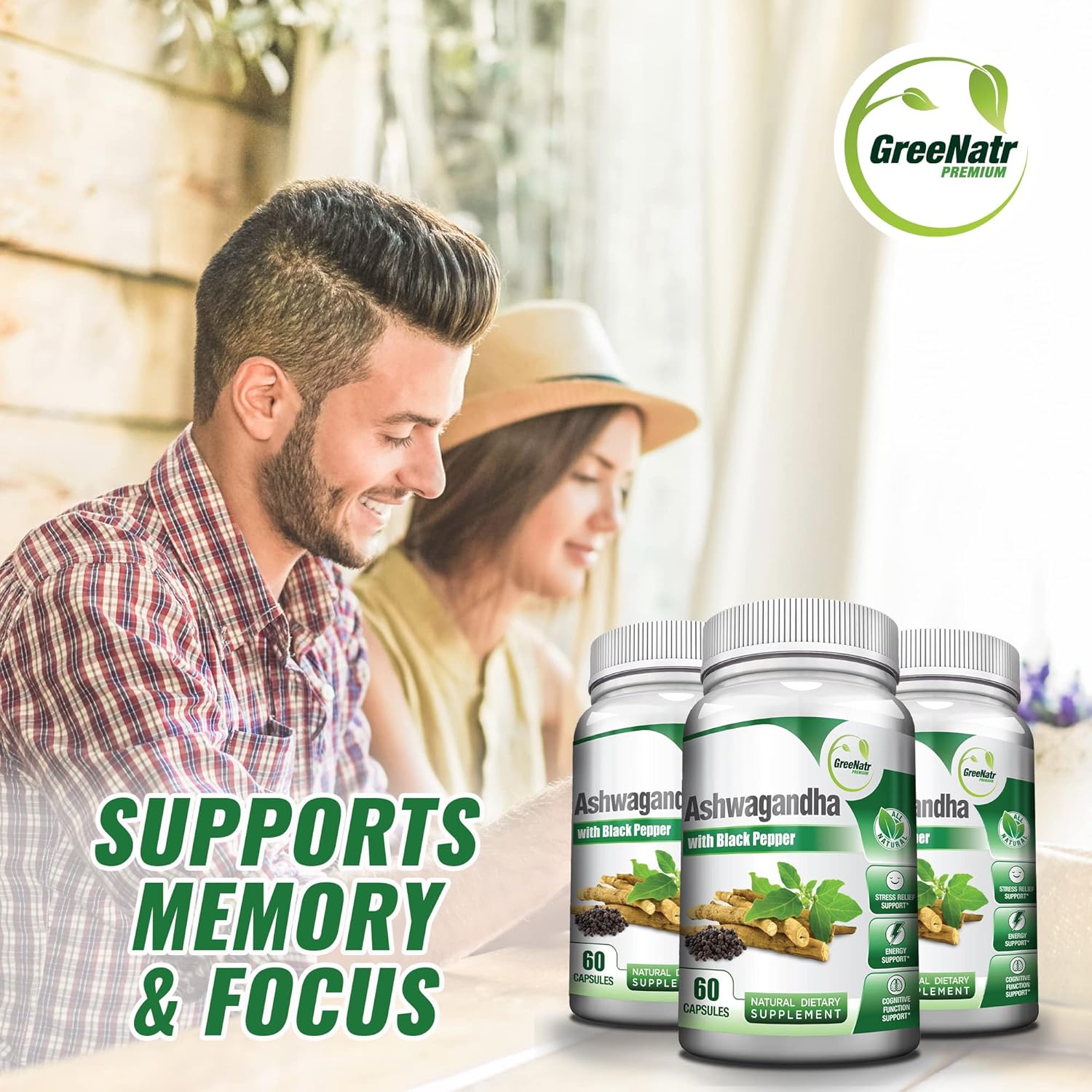 Organic Ashwagandha Capsules with Black Pepper - Mood Enhancer for Energy and Cognitive Support - 1300mg Veggie Capsules - 3 Bottles