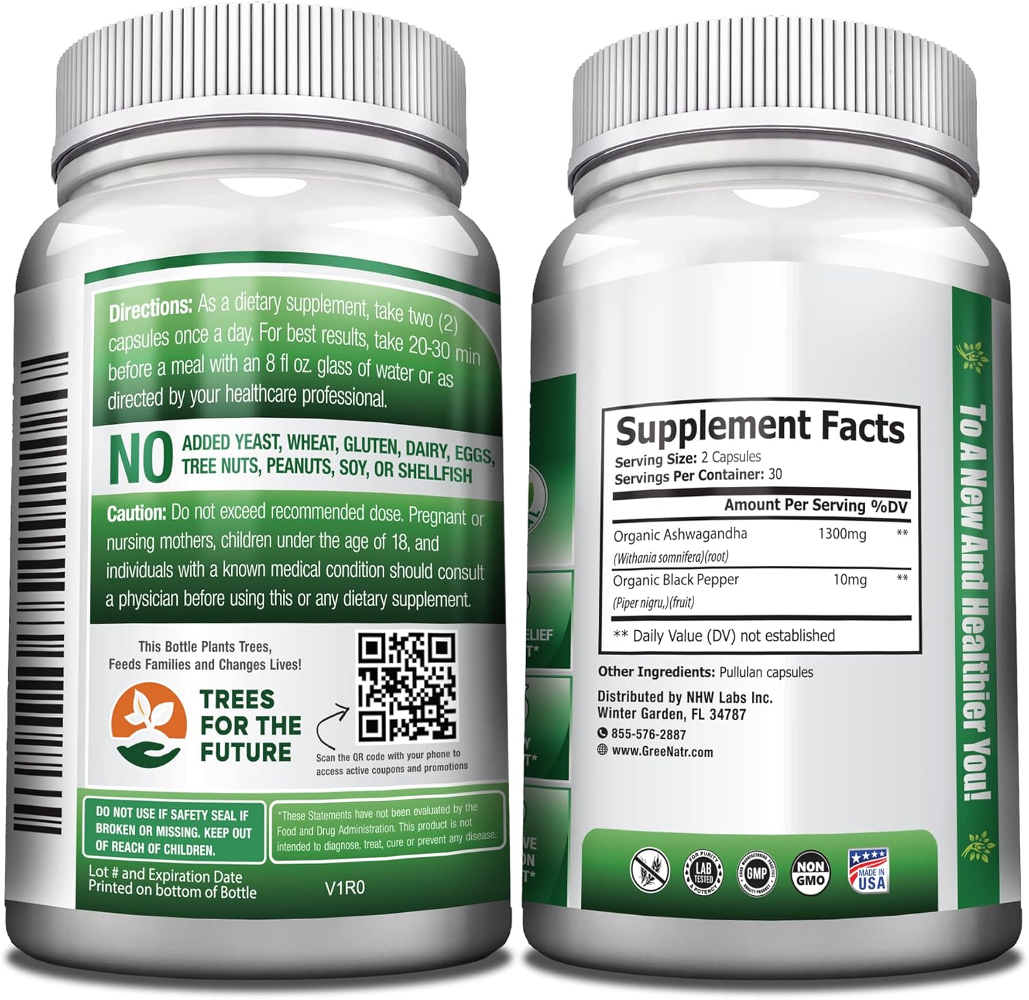 Organic Ashwagandha Capsules with Black Pepper - Mood Enhancer for Energy and Cognitive Support - 1300mg Veggie Capsules - 3 Bottles