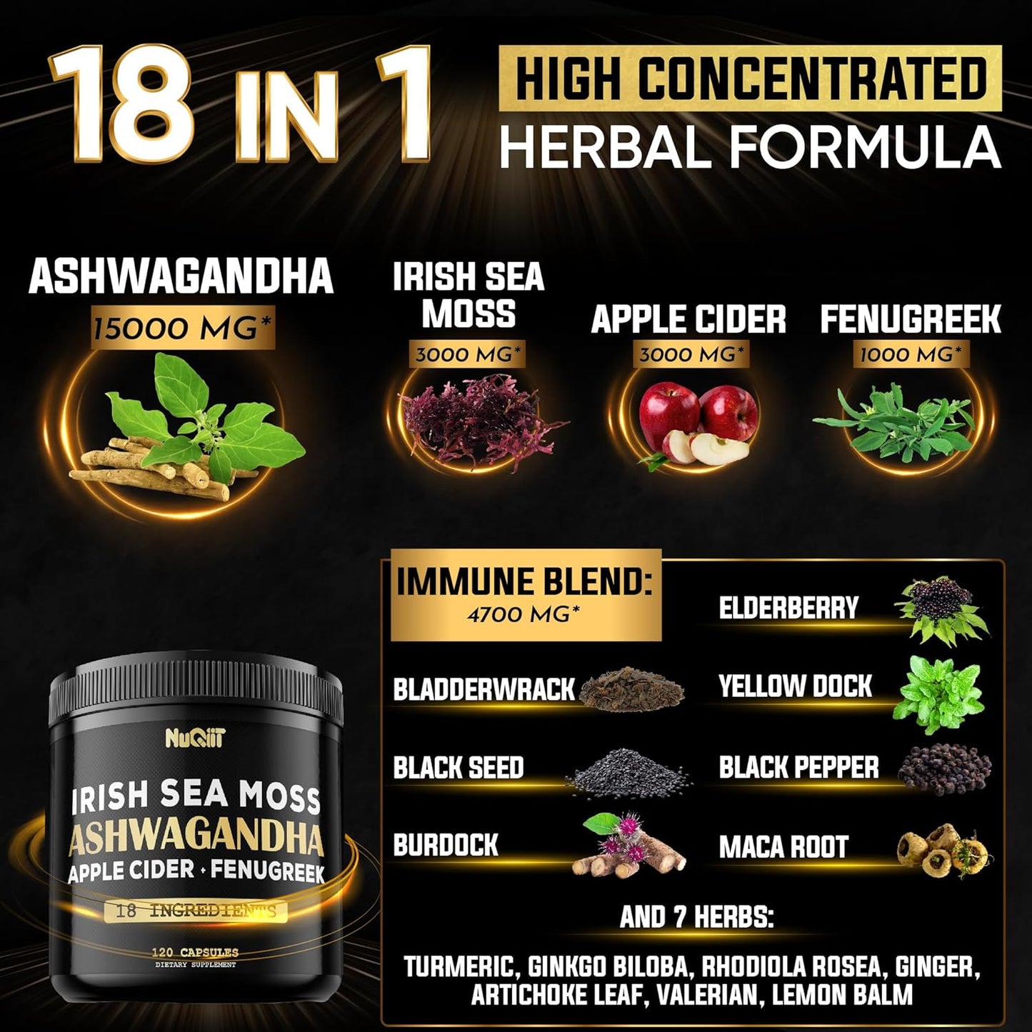 Organic Ashwagandha, Irish Sea Moss, Apple Cider Vinegar Capsules - Brain Health, Strength, Immune Support - 120 Vegan Capsules