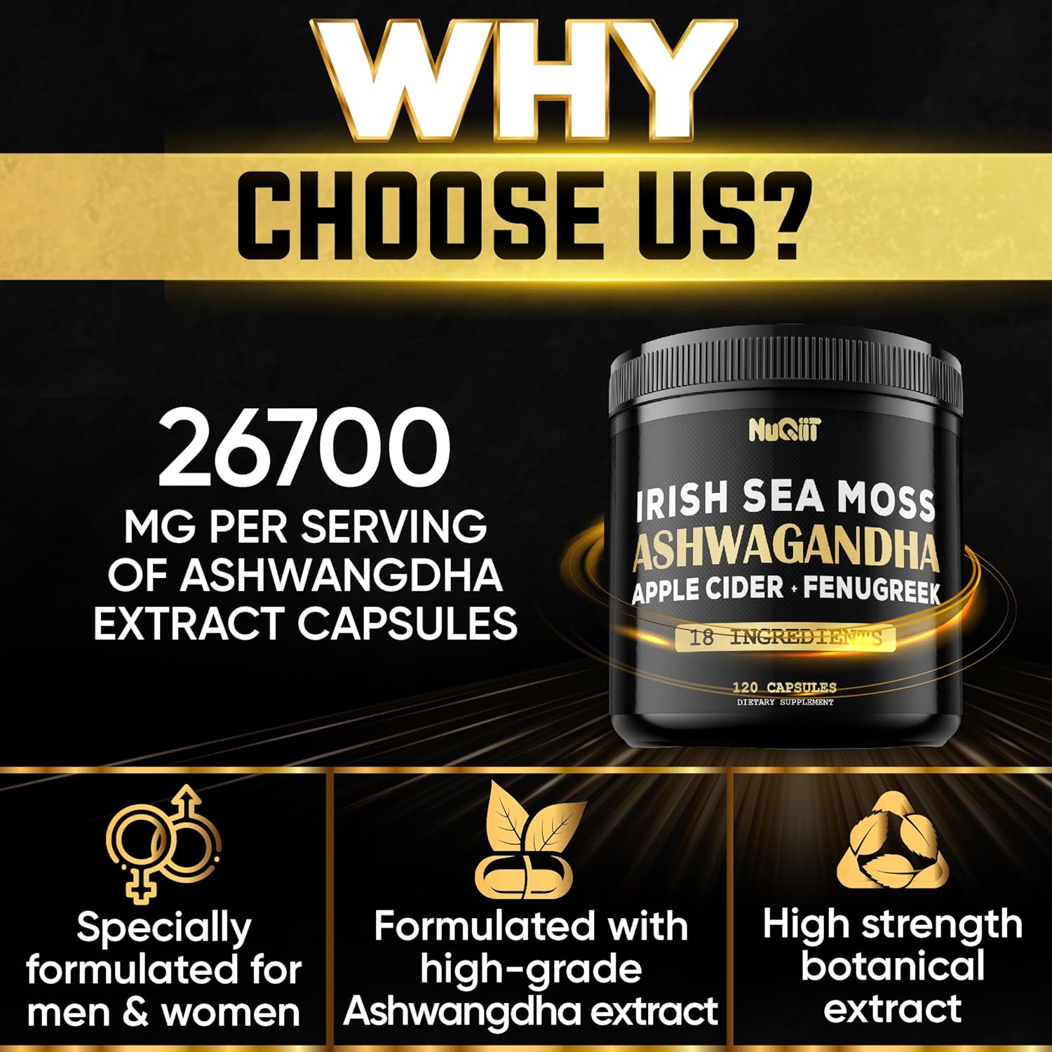 Organic Ashwagandha, Irish Sea Moss, Apple Cider Vinegar Capsules - Brain Health, Strength, Immune Support - 120 Vegan Capsules