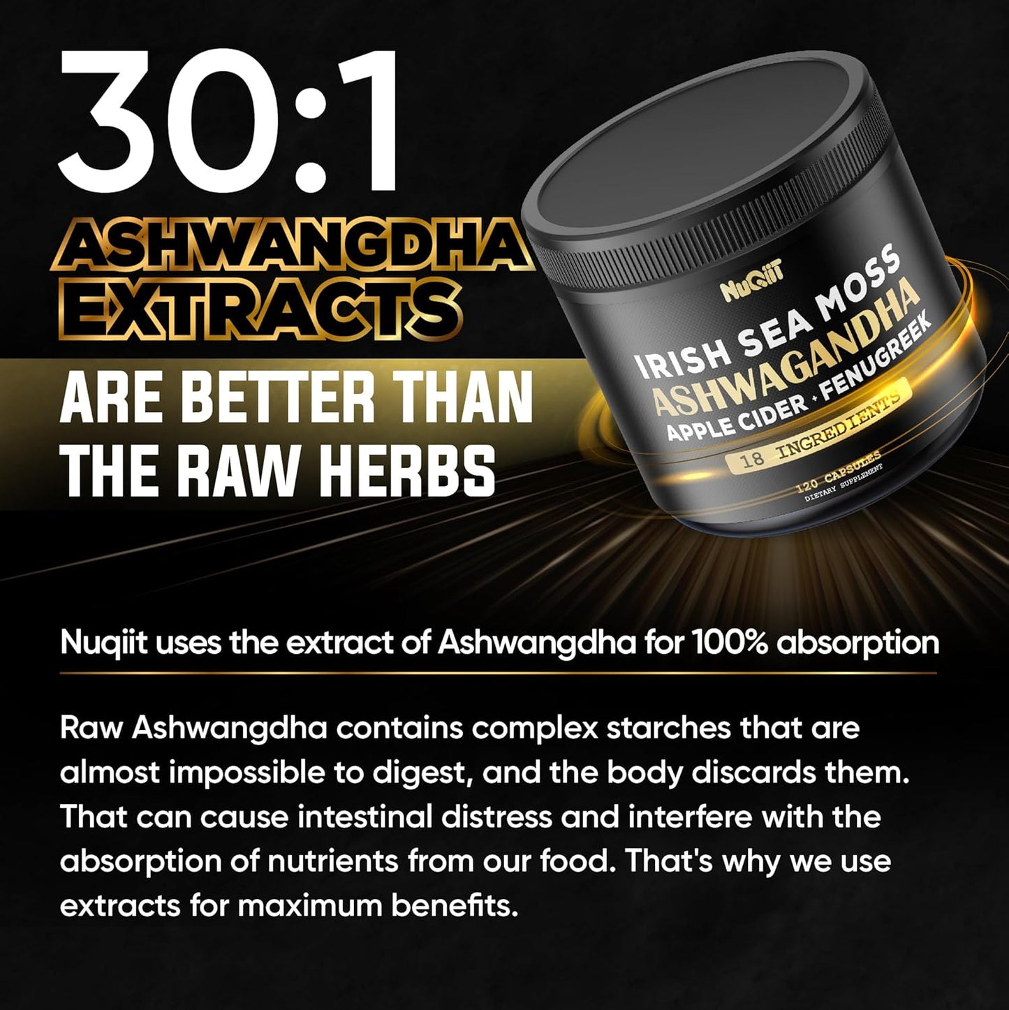 Organic Ashwagandha, Irish Sea Moss, Apple Cider Vinegar Capsules - Brain Health, Strength, Immune Support - 120 Vegan Capsules