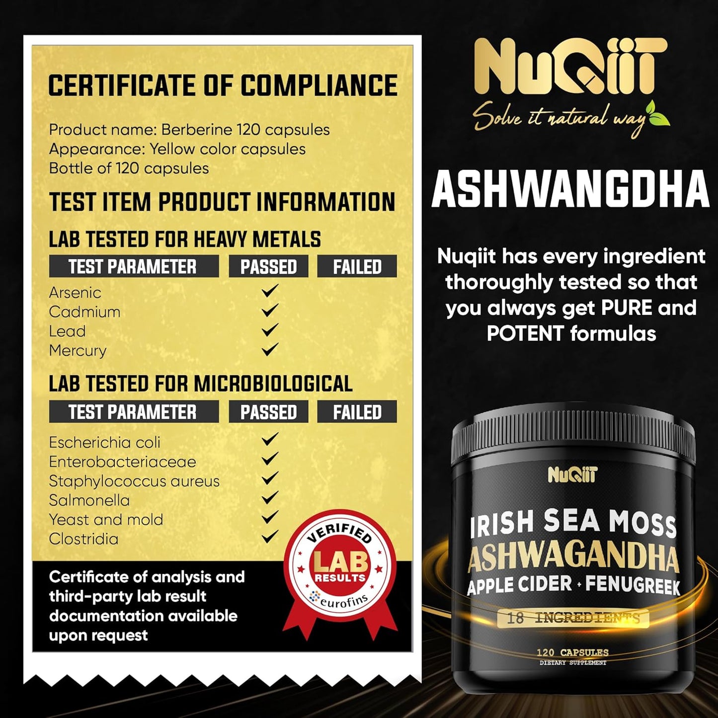 Organic Ashwagandha, Irish Sea Moss, Apple Cider Vinegar Capsules - Brain Health, Strength, Immune Support - 120 Vegan Capsules