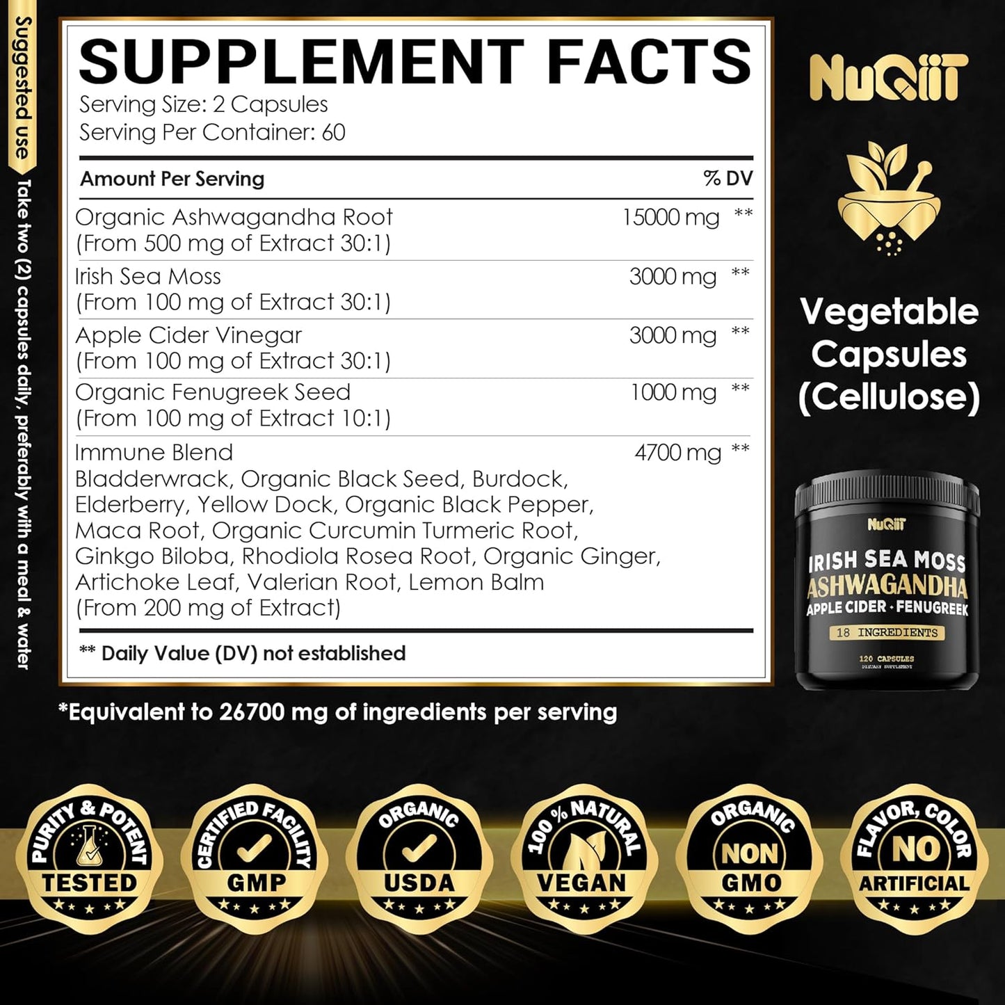 Organic Ashwagandha, Irish Sea Moss, Apple Cider Vinegar Capsules - Brain Health, Strength, Immune Support - 120 Vegan Capsules