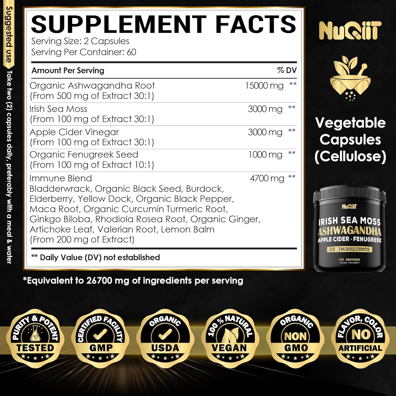 Organic Ashwagandha, Irish Sea Moss, Apple Cider Vinegar Capsules - Brain Health, Strength, Immune Support - 120 Vegan Capsules