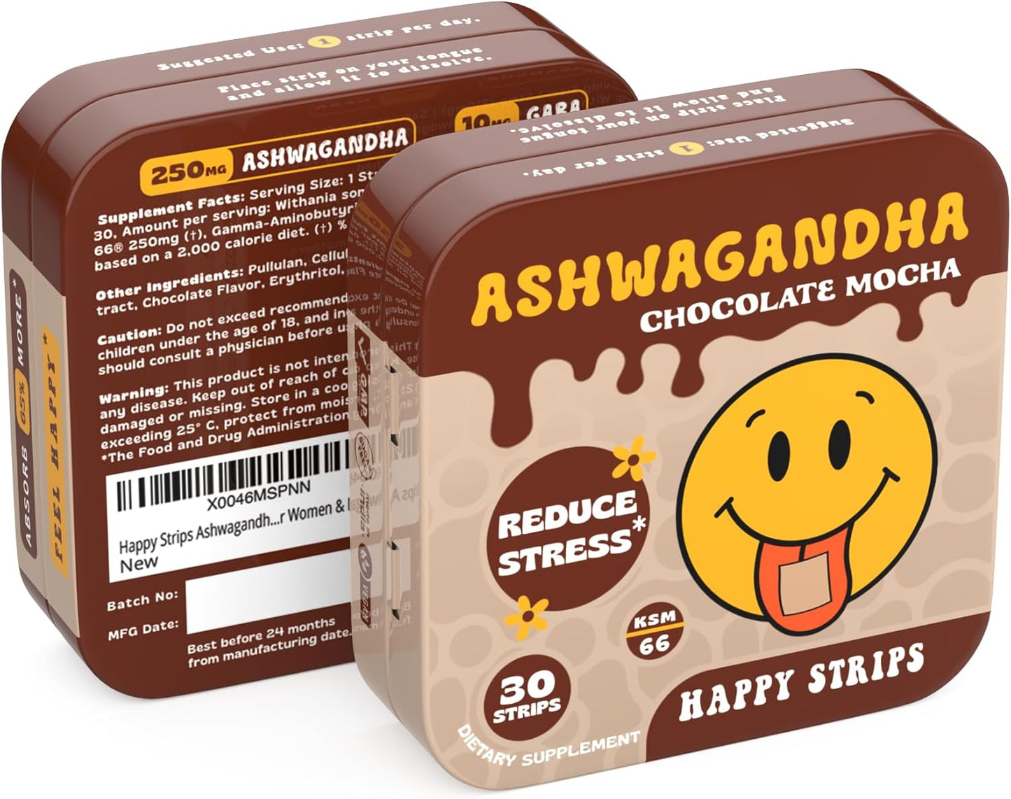Organic Ashwagandha KSM 66 & GABA Supplement Strips for Stress Relief & Sleep - Chocolate Mocha Flavored, Vegan, Sugar-Free - 30 Count