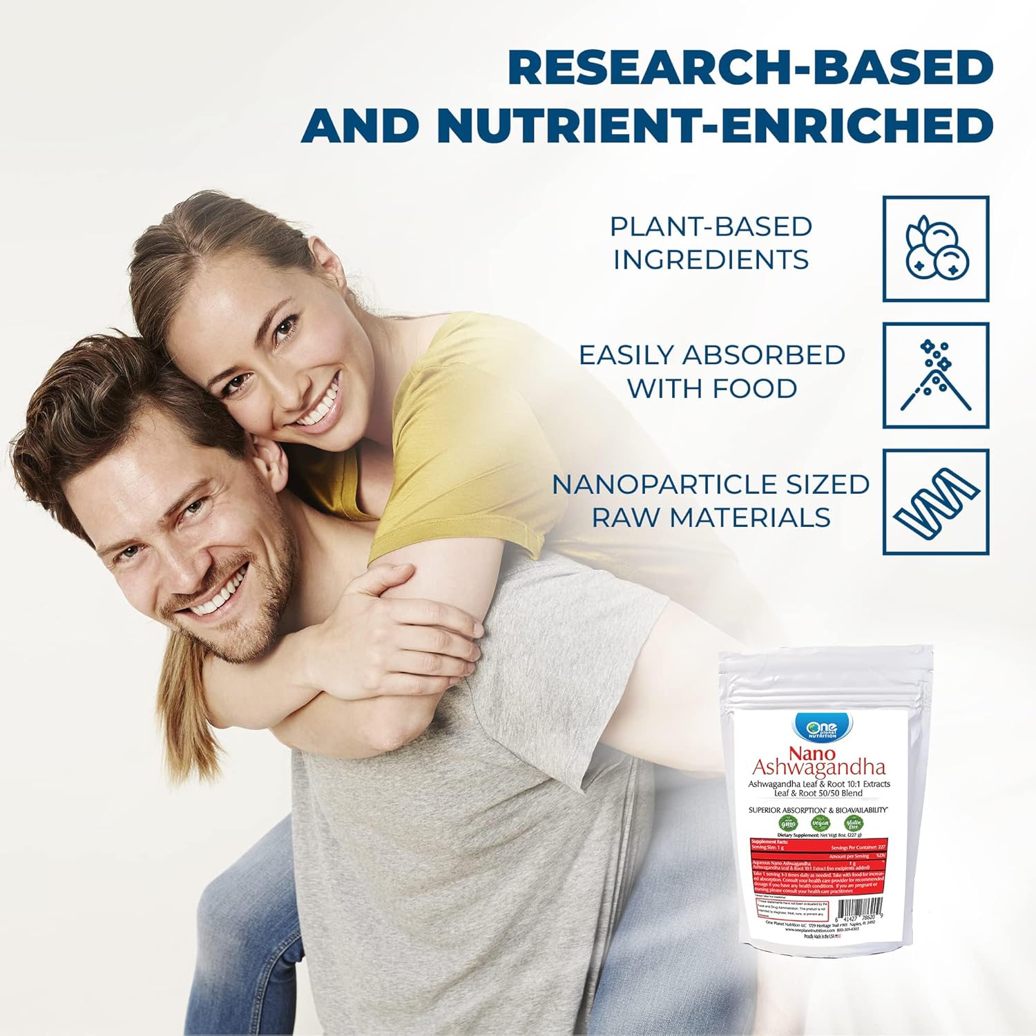 Organic Ashwagandha Leaf Extract Supplement, Nano-Particle Size, Non-GMO, Gluten-Free - 8oz (227g)