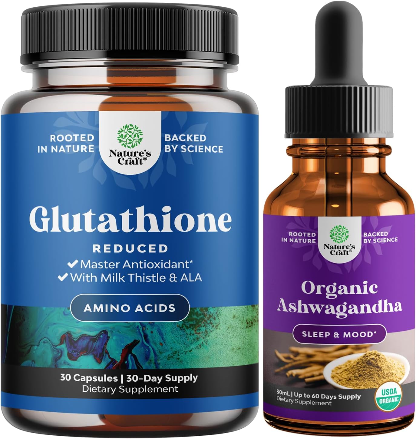 Organic Ashwagandha Liquid Drops with Reduced Glutathione Supplement for Energy, Stress, and Mood Support