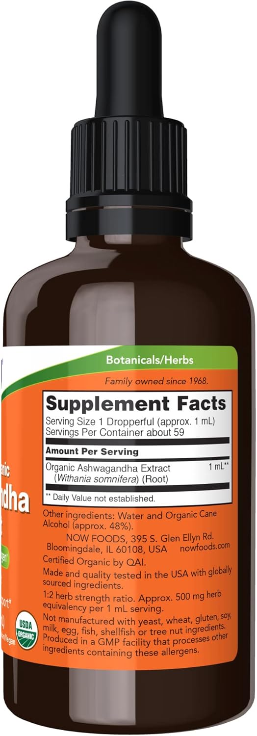 Organic Ashwagandha Liquid Extract for Immune System Support - 2 Fluid Ounces (Pack of 2) by NOW Supplements