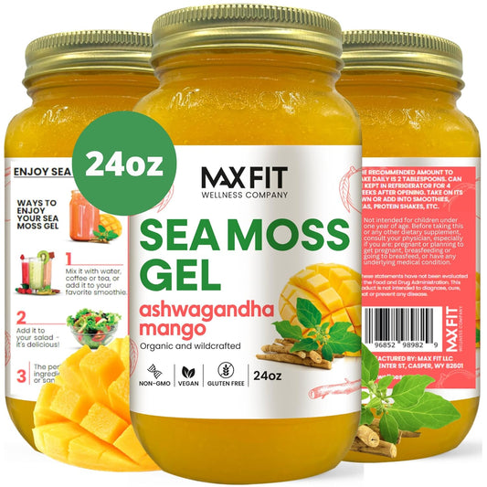 Organic Ashwagandha Mango Sea Moss Gel - 24oz | 25 Flavors | Saint Lucia Wildcrafted Gold Sea Moss - 92 Vitamins & Minerals | Raw & Non-GMO