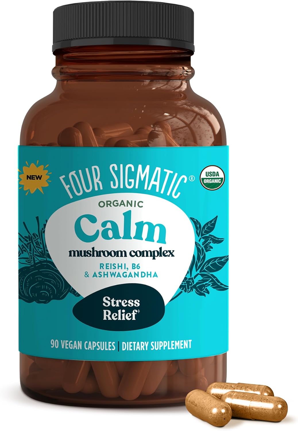 Organic Ashwagandha & Reishi Stress Relief Capsules - Vegan Mood Support Supplement with Tulsi & Vitamin B6 - 30 Servings