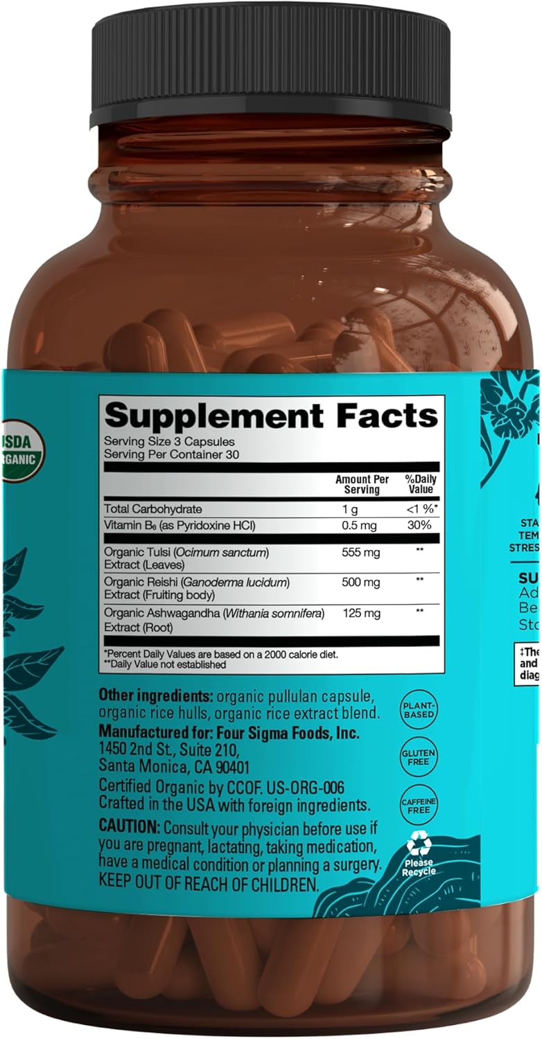 Organic Ashwagandha & Reishi Stress Relief Capsules - Vegan Mood Support Supplement with Tulsi & Vitamin B6 - 30 Servings