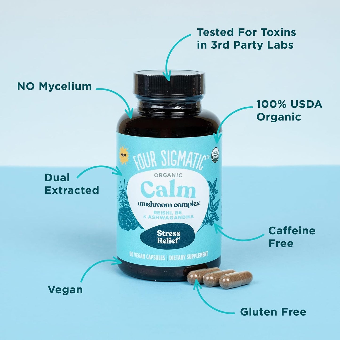 Organic Ashwagandha & Reishi Stress Relief Capsules - Vegan Mood Support Supplement with Tulsi & Vitamin B6 - 30 Servings