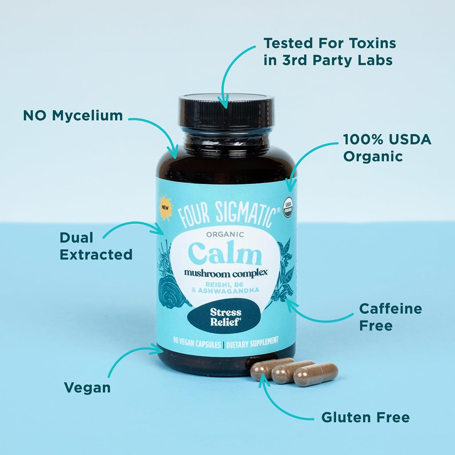 Organic Ashwagandha & Reishi Stress Relief Capsules - Vegan Mood Support Supplement with Tulsi & Vitamin B6 - 30 Servings