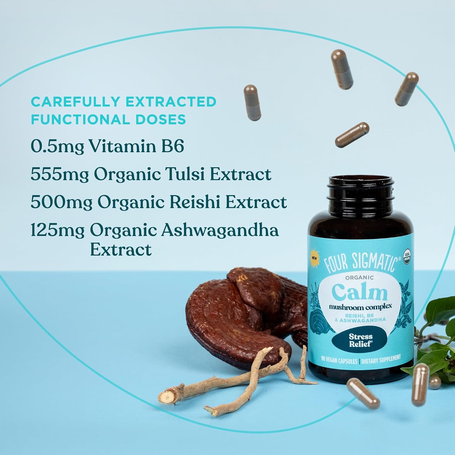 Organic Ashwagandha & Reishi Stress Relief Capsules - Vegan Mood Support Supplement with Tulsi & Vitamin B6 - 30 Servings