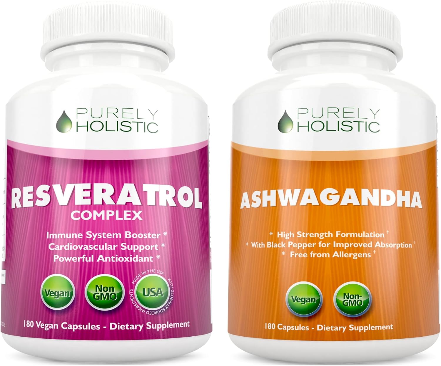 Organic Ashwagandha & Resveratrol Bundle - Vegan Capsules with Black Pepper - USA Made - High Antioxidant Content