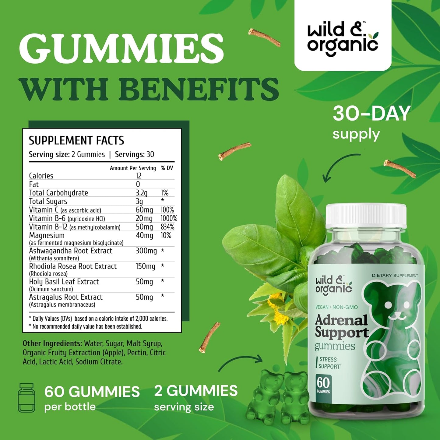 Organic Ashwagandha & Rhodiola Adrenal Support Gummies - Natural Supplements for Men and Women - 60 Pectin-Based Chews
